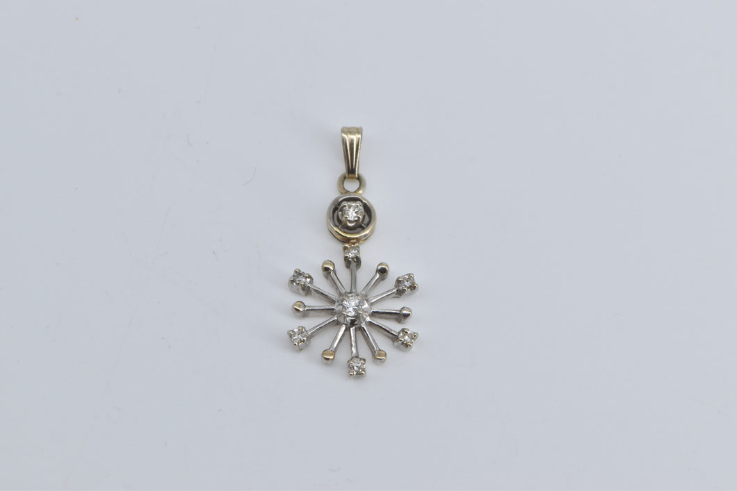 14K Vintage Diamond Star Burst Snow Flake Pendant White Gold