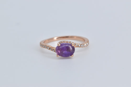 14K Oval Amethyst Cabochon Diamond Bypass Ring Rose Gold