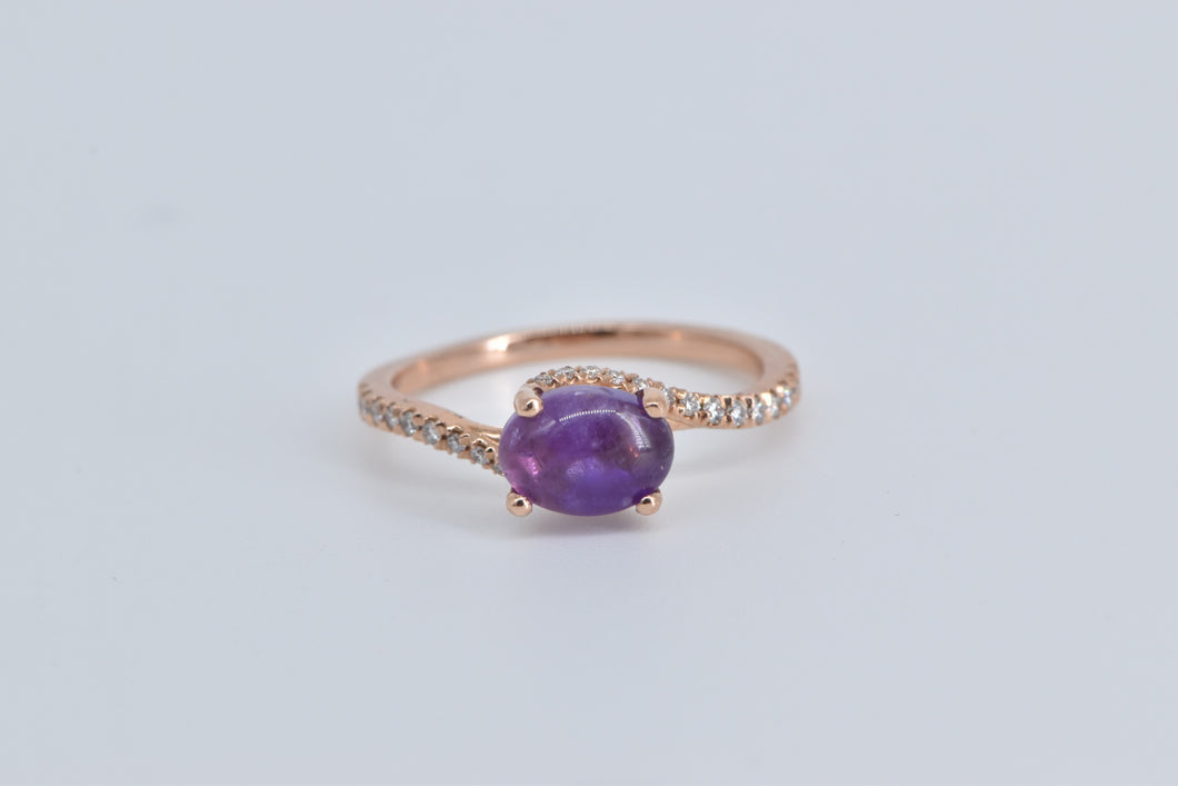 14K Oval Amethyst Cabochon Diamond Bypass Ring Rose Gold