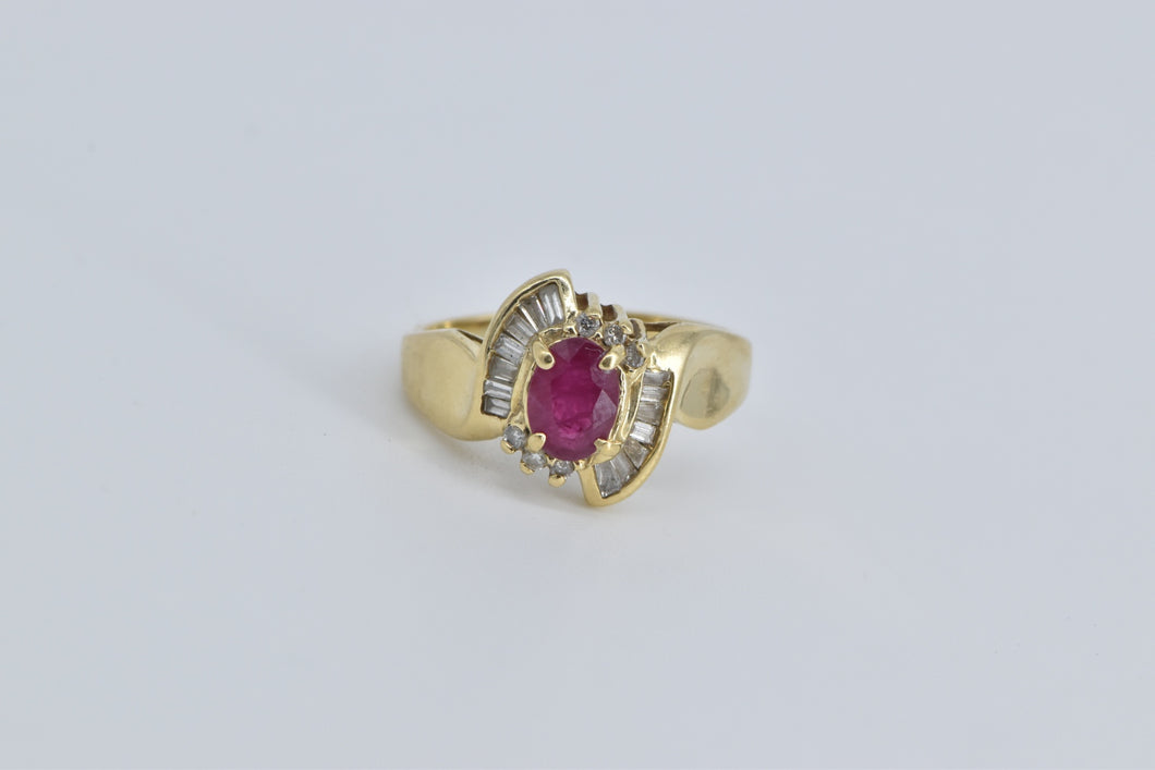 14K Natural Ruby Natural Diamond Baguette Bypass Ring Yellow Gold