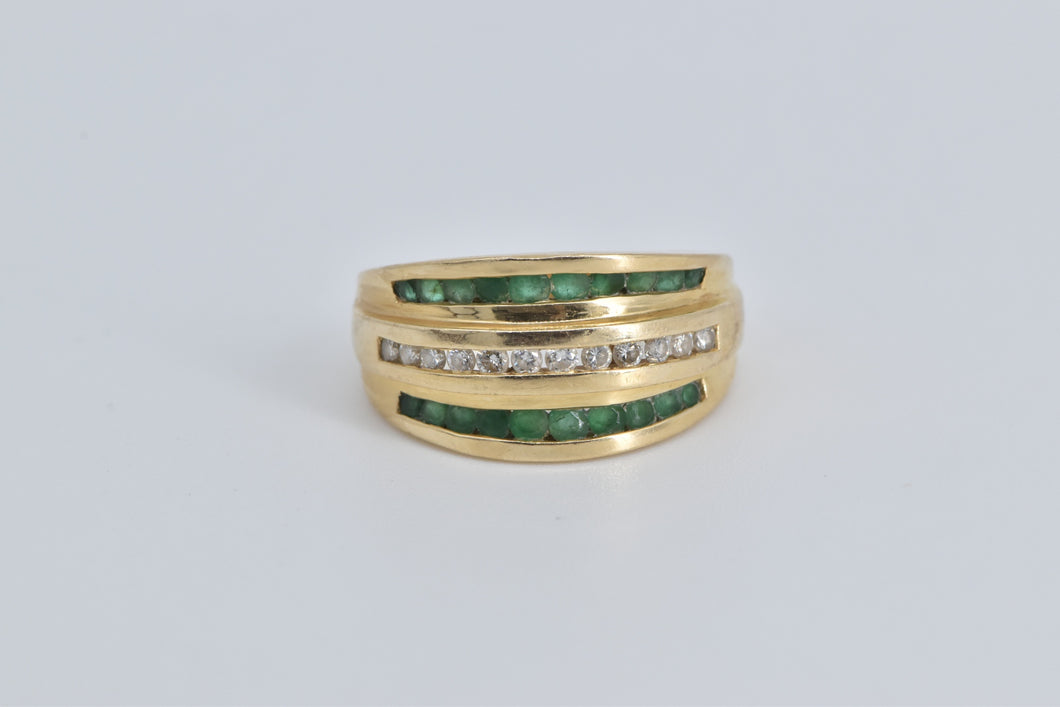 14K Natural Diamond Emerald Striped Contour Ring Yellow Gold