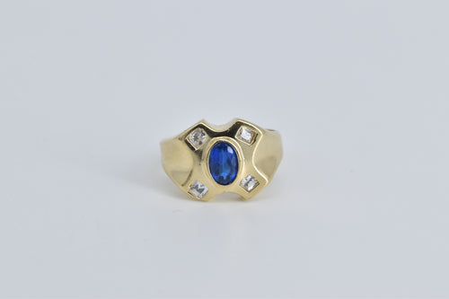 14K Oval Sim. Sapphire CZ X Criss Cross Fashion Ring Yellow Gold