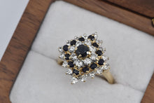 Load image into Gallery viewer, 14K Square Sapphire Natural Diamond Halo Cluster Ring Yellow Gold