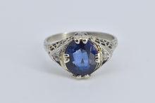 Load image into Gallery viewer, 14K Art Deco Oval Filigree Syn. Sapphire Ring White Gold