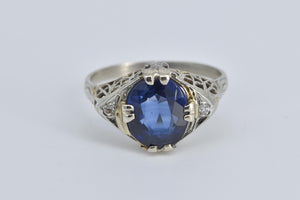 14K Art Deco Oval Filigree Syn. Sapphire Ring White Gold