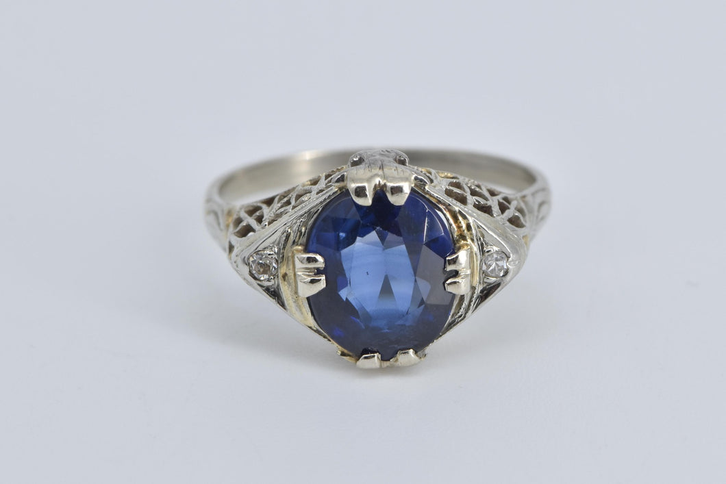 14K Art Deco Oval Filigree Syn. Sapphire Ring White Gold