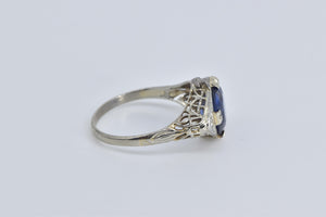14K Art Deco Oval Filigree Syn. Sapphire Ring White Gold