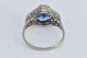14K Art Deco Oval Filigree Syn. Sapphire Ring White Gold