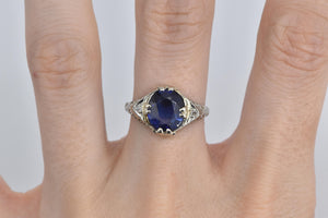 14K Art Deco Oval Filigree Syn. Sapphire Ring White Gold