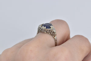 14K Art Deco Oval Filigree Syn. Sapphire Ring White Gold