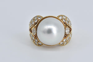 18K 1940's Pearl Natural Diamond Cocktail Ring Yellow Gold