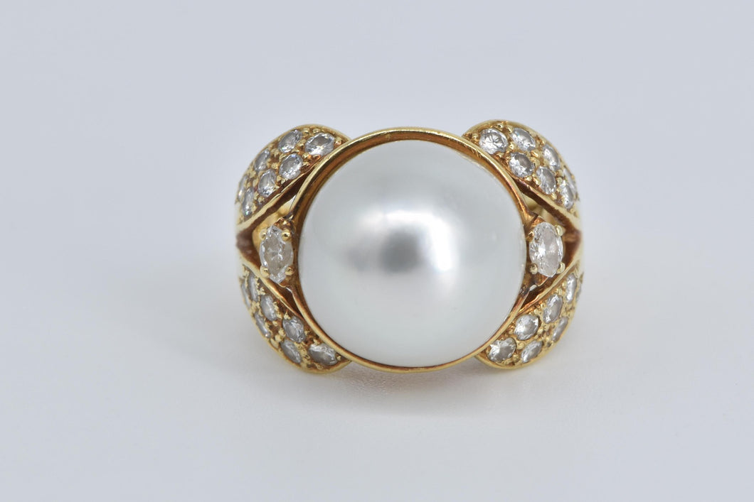 18K 1940's Pearl Natural Diamond Cocktail Ring Yellow Gold