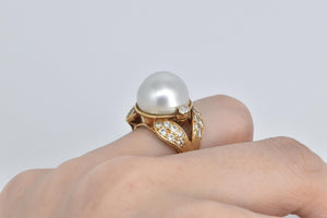 18K 1940's Pearl Natural Diamond Cocktail Ring Yellow Gold