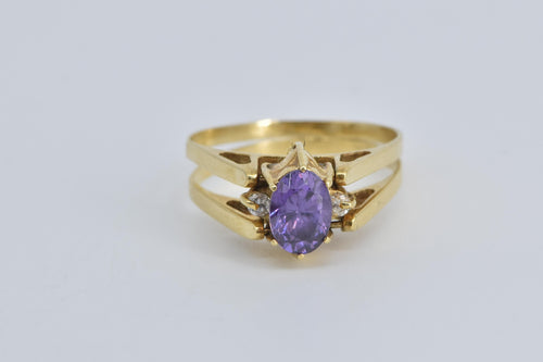 18K Oval Amethyst CZ Reversible Emerald Ring Yellow Gold