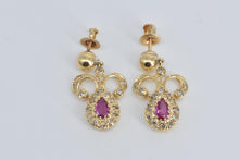 Load image into Gallery viewer, 13K Pear Ruby Natural Diamond Halo Antique Dangle Earrings Yellow Gold