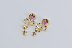 13K Pear Ruby Natural Diamond Halo Antique Dangle Earrings Yellow Gold