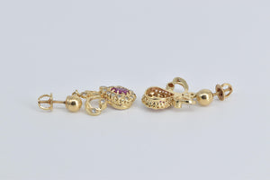 13K Pear Ruby Natural Diamond Halo Antique Dangle Earrings Yellow Gold