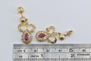13K Pear Ruby Natural Diamond Halo Antique Dangle Earrings Yellow Gold