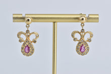 Load image into Gallery viewer, 13K Pear Ruby Natural Diamond Halo Antique Dangle Earrings Yellow Gold