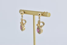 Load image into Gallery viewer, 13K Pear Ruby Natural Diamond Halo Antique Dangle Earrings Yellow Gold