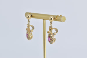 13K Pear Ruby Natural Diamond Halo Antique Dangle Earrings Yellow Gold