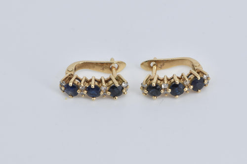 14K Sapphire Diamond Curved Bar French Clip Earrings Yellow Gold