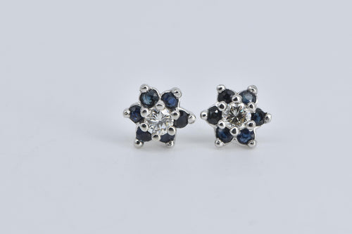 14K Round Diamond Sapphire Halo Flower Stud Earrings White Gold