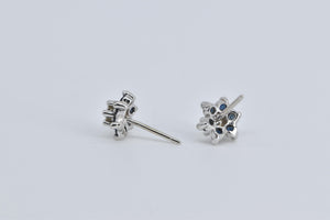 14K Round Diamond Sapphire Halo Flower Stud Earrings White Gold