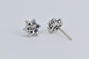 14K Round Diamond Sapphire Halo Flower Stud Earrings White Gold