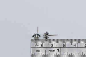 14K Round Diamond Sapphire Halo Flower Stud Earrings White Gold