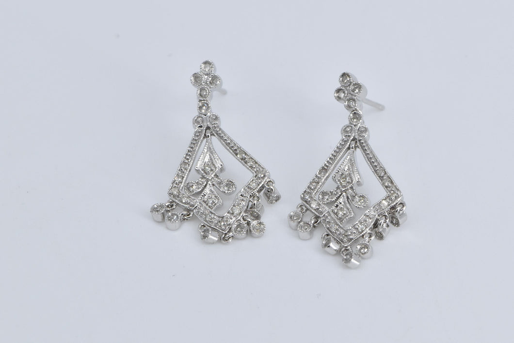14K Natural Diamond Ornate Fringe Dangle Earrings White Gold