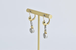 14K Two Tone Diamond Art Deco Dangle Halo Earrings Yellow Gold