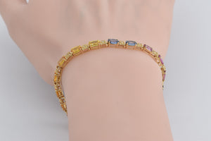 14K Rainbow Sapphire Diamond Gradient Tennis Bracelet 7.25" Yellow Gold