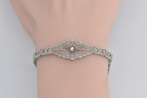 10K Natural Diamond Art Deco Filigree Fashion Bracelet 6.75" White Gold