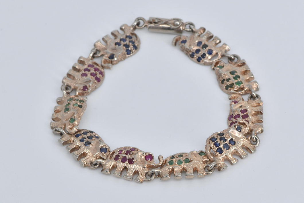 Sterling Silver Sapphire Ruby Emerald Encrusted Elephant Bracelet 7.5