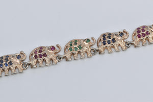 Sterling Silver Sapphire Ruby Emerald Encrusted Elephant Bracelet 7.5"