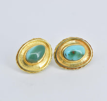 Load image into Gallery viewer, 18K Natural Turquoise Ornate Bezel Statement Stud Earrings Yellow Gold