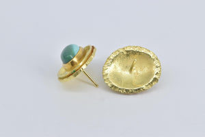 18K Natural Turquoise Ornate Bezel Statement Stud Earrings Yellow Gold