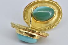 Load image into Gallery viewer, 18K Natural Turquoise Ornate Bezel Statement Stud Earrings Yellow Gold