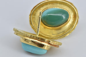 18K Natural Turquoise Ornate Bezel Statement Stud Earrings Yellow Gold
