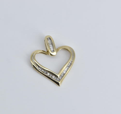 10K Baguette Diamond Heart Love Symbol Pendant Yellow Gold