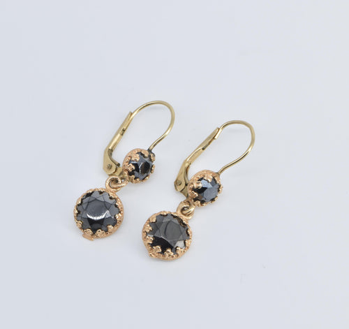 14K Ornate Hematite Round Dangle Statement Earrings Yellow Gold