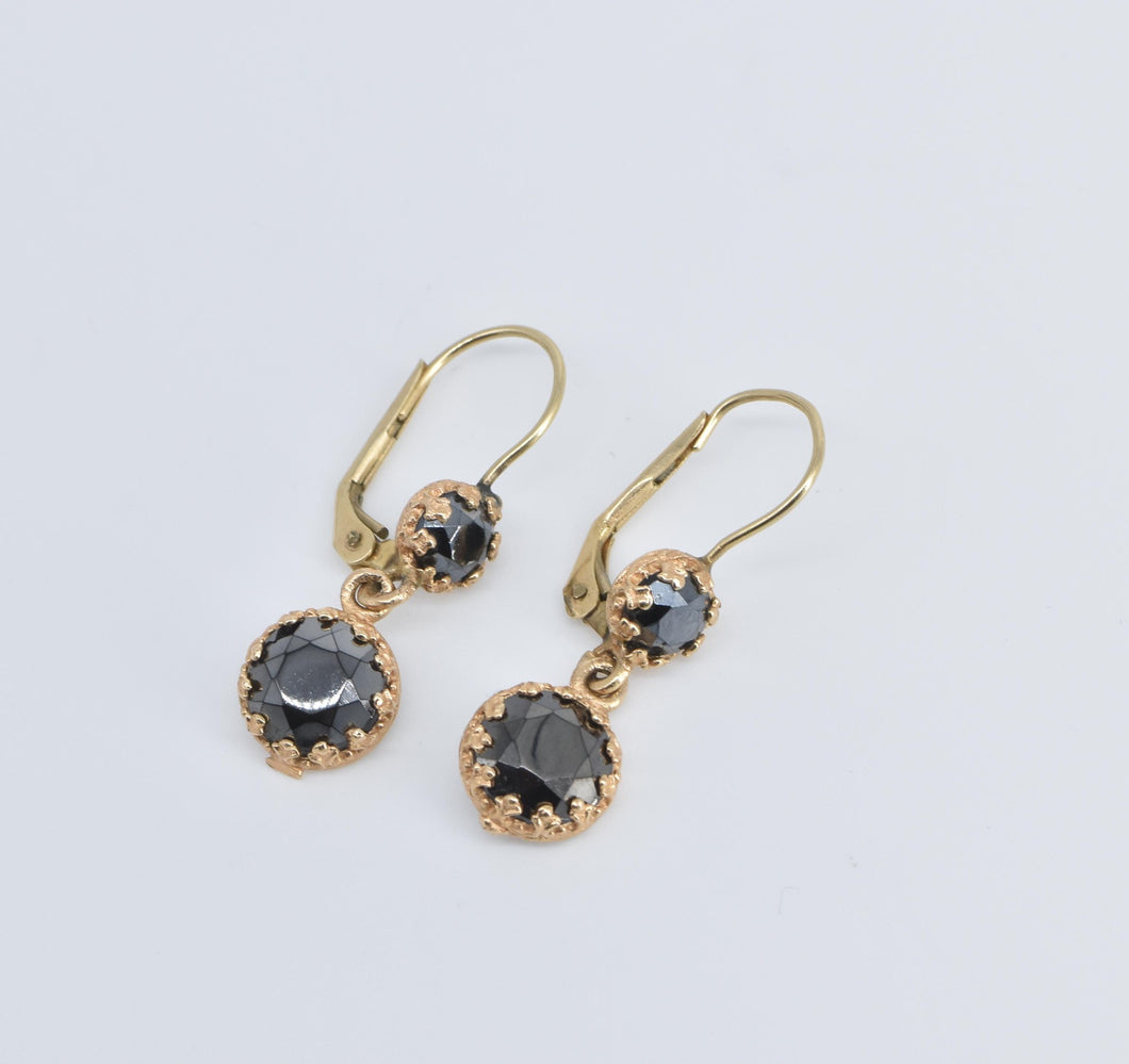 14K Ornate Hematite Round Dangle Statement Earrings Yellow Gold
