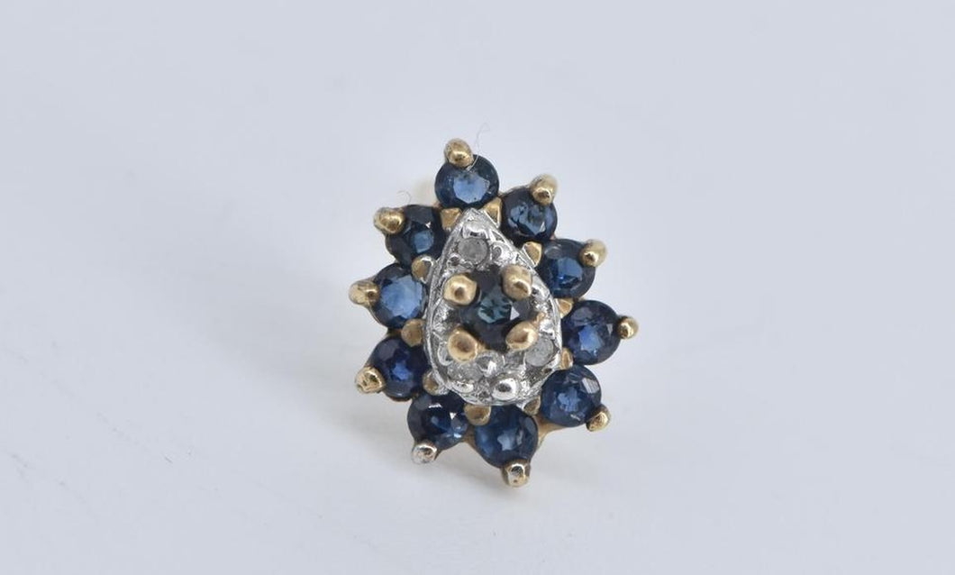 14K Pear Tear Drop Diamond Sapphire Single Stud Earring Yellow Gold