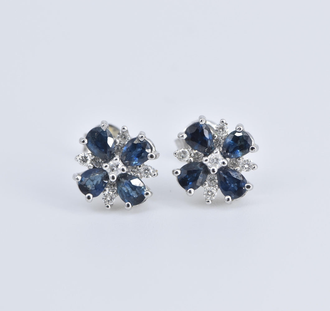 14K Sapphire Natural Diamond Flower Cluster Stud Earrings White Gold