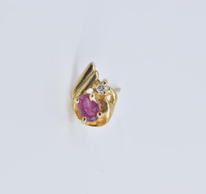 14K Ruby Diamond Accent Curved Single Stud Earring Yellow Gold