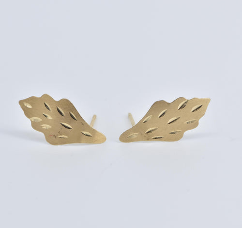 14K Diamond Cut Leaf Design Vintage Stud Earrings Yellow Gold