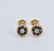Load image into Gallery viewer, 14K Diamond Sapphire Halo Flower Stud Vintage Earrings Yellow Gold