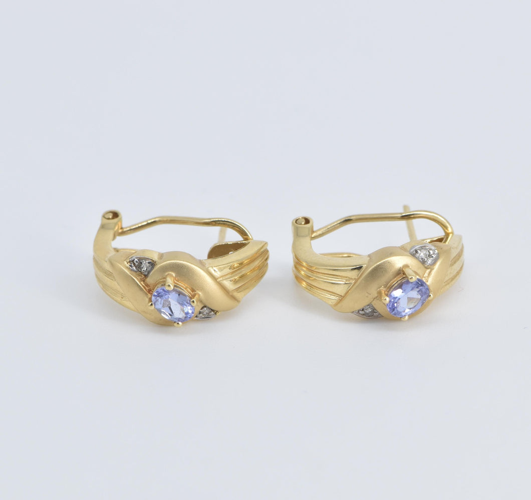 14K Tanzanite Diamond French Clip Hoop Earrings Yellow Gold