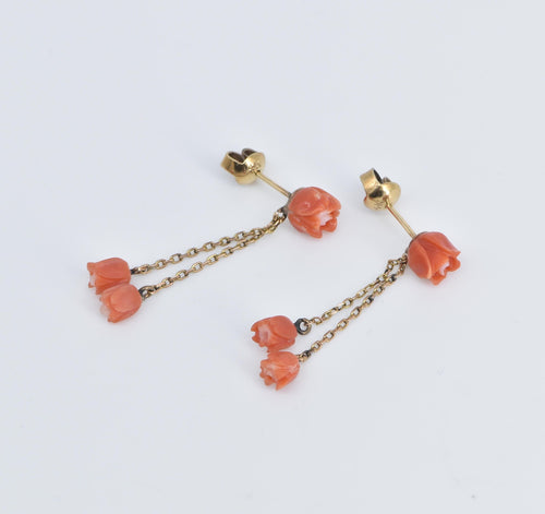 14K Coral Carved Rose Flower Fringe Chain Dangle Earrings Yellow Gold